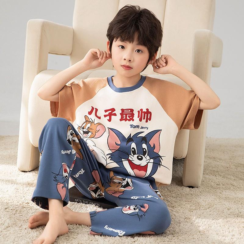 Cotton Short Sleeve Pajama Set Boys Lightweight Sleepwear Cartoon Print Kids Home Wear