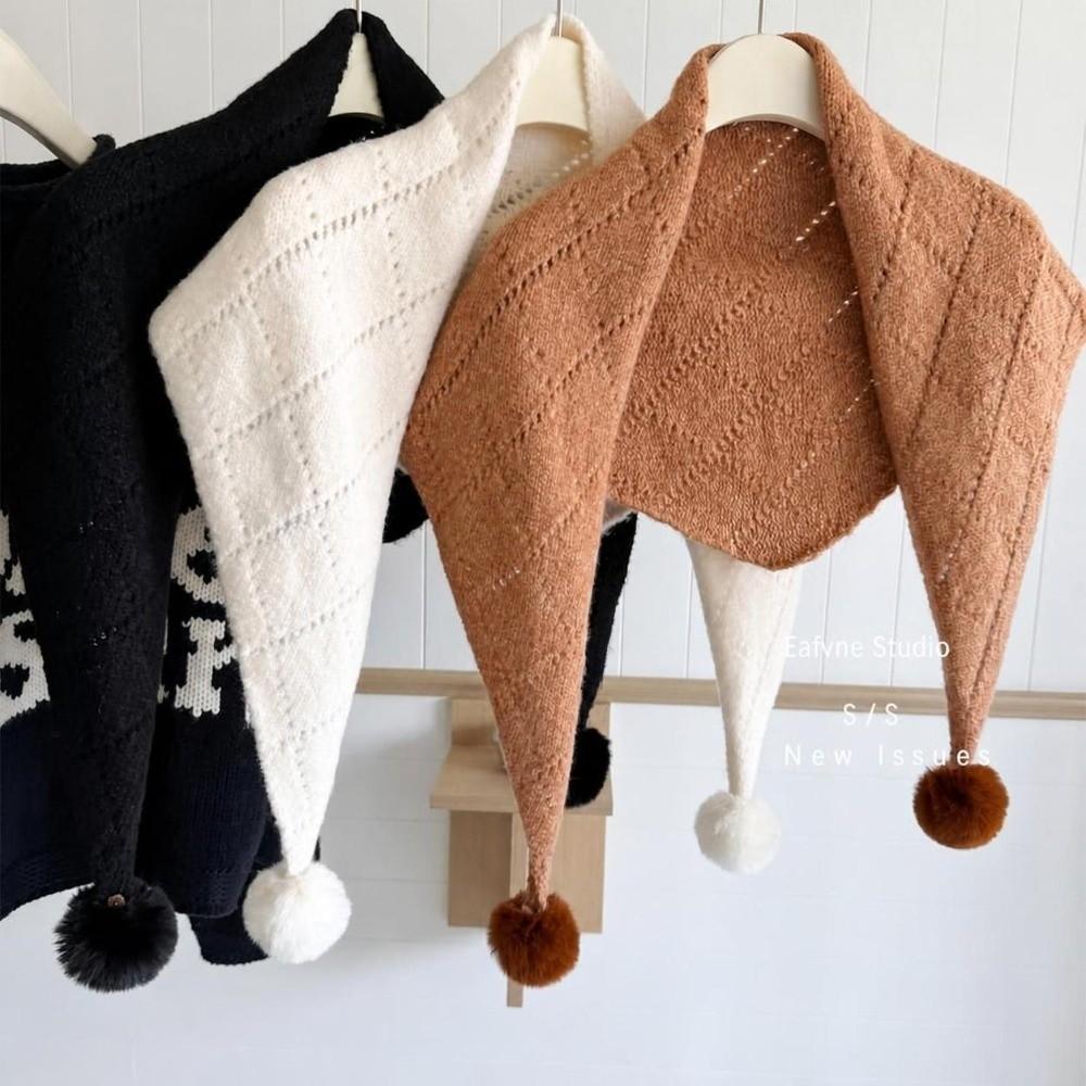 Soft Knitted Triangle Shawl with Pom Poms Yarn Shoulder Wrap Winter Neck Scarf  Daily Casual Wear