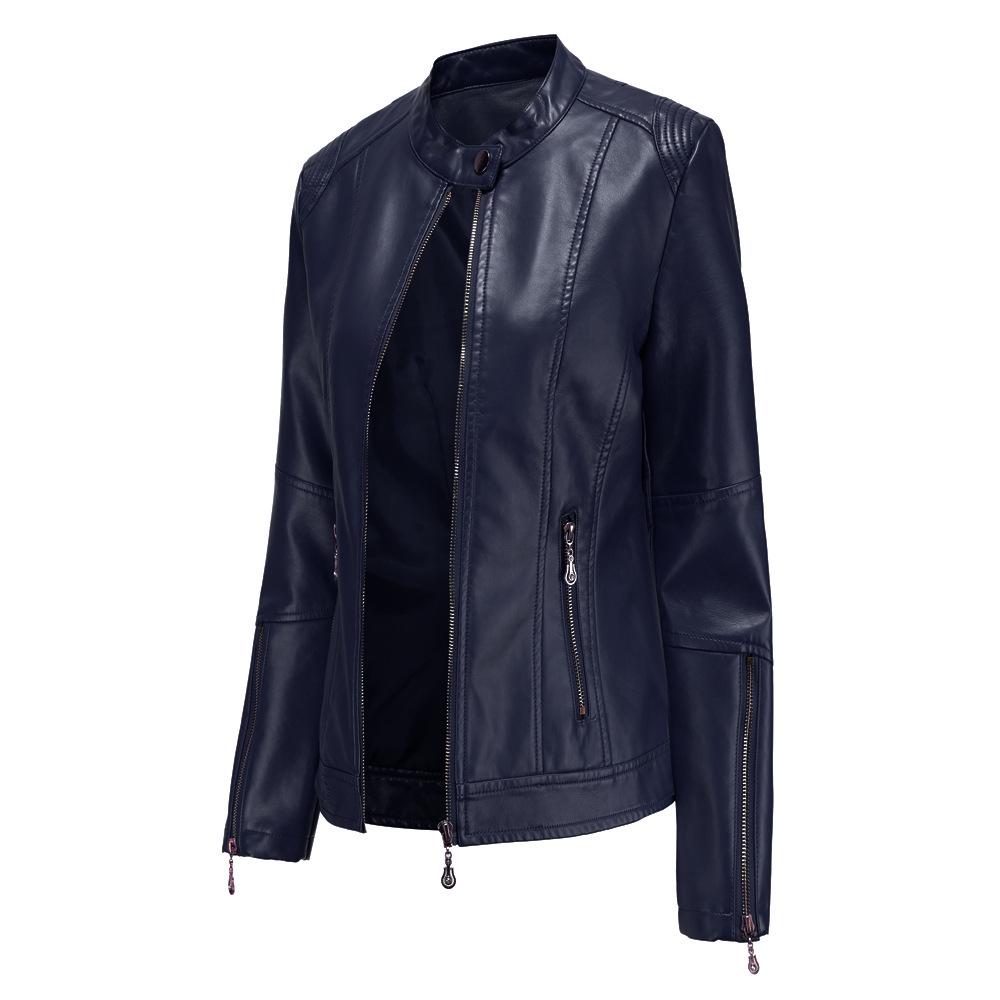 Women's Navy Blue Stand Collar PU Leather Jacket - Lightweight Spring/Autumn Fashion Coat