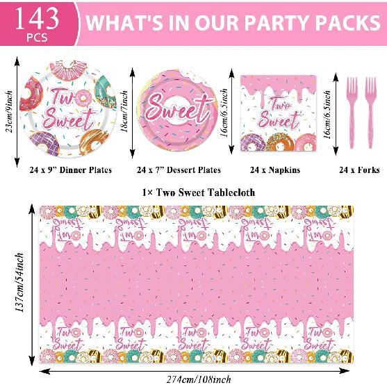 ZOiiWA 143Pcs Two Sweet Birthday Party Decorations Girls Donut Tableware Set Sweet Donut 2nd Party Plates Napkins Backdrop Tablecloth Banner Balloons