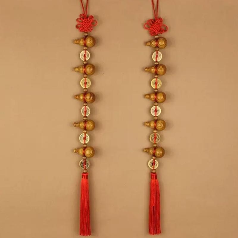 Door Hanging, Home Decoration, Lucky Fortune Pendant New Year Solid Wood Gourd Copper Coin Pendant Chinese Knot Living Room,