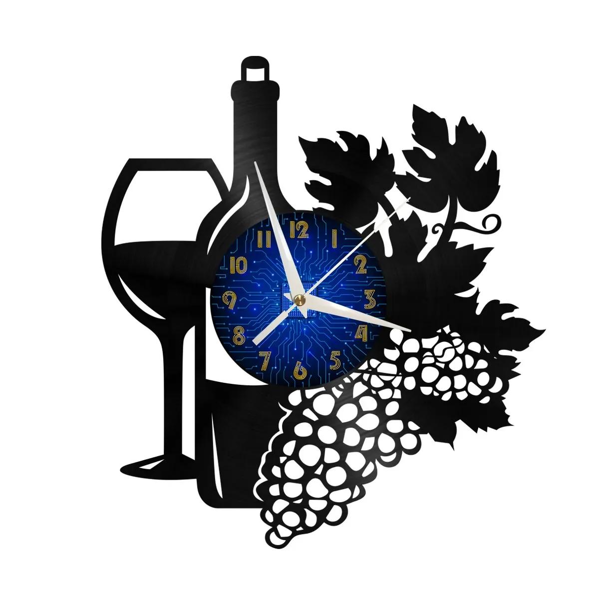 

Wine Bottle with Wine Glass Grape Cluster Vinyl Record Wall Clock Home Bar Winery Decor Kitchen Remote Control LED Light Watch