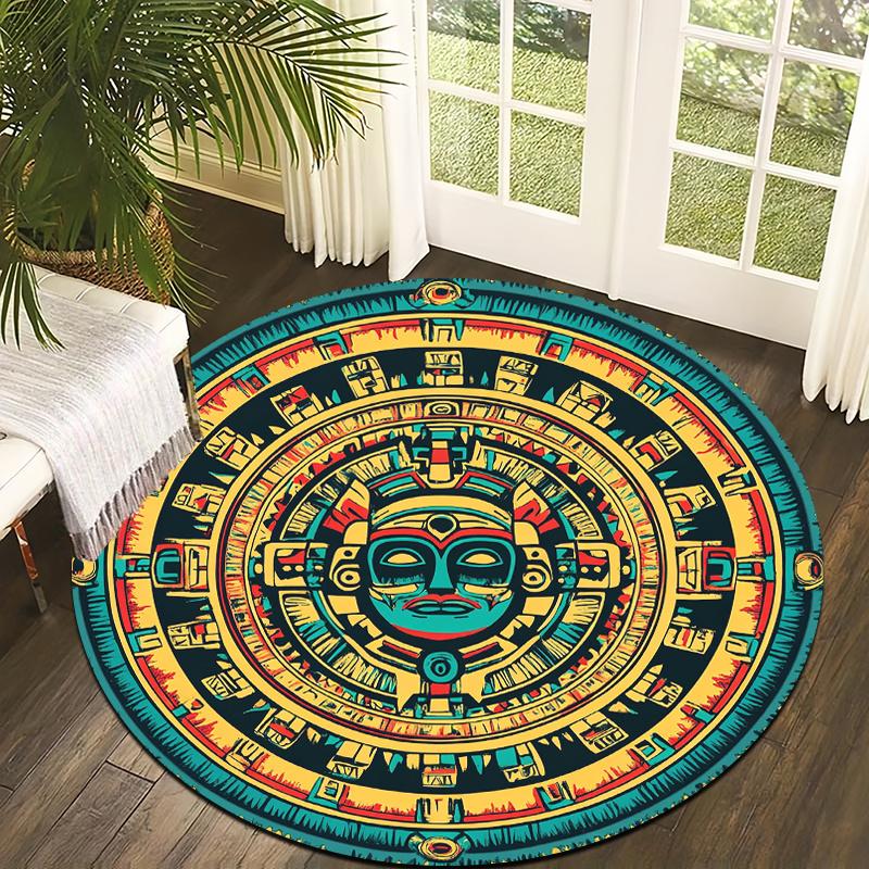 

Retro Mayan style Flannel-printed round floor mats are slip-resistant Suitable for living room bedroom terrace garden carpets 60cm