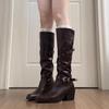 Damen Overknee Cowboy Stiefel mit Blockabsatz, Nieten und Schnalle, spitze Zehenpartie