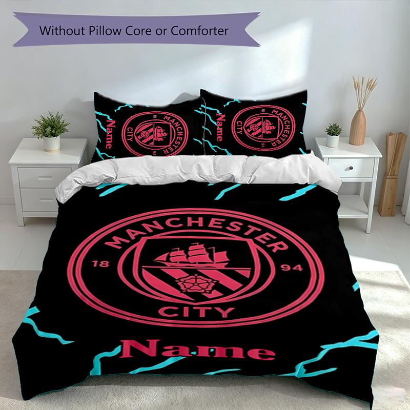 3pcs Custom Name Manchester City F.C Set,Includes 1 Duvet Cover and 2 Pillowcases,All-season Bedroom Decor