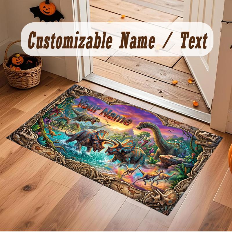 Dinosaur Theme Soft Crystal Velvet Rug Custom Name & Text Print Non Slip Floor Rug for Bedroom Living Room
