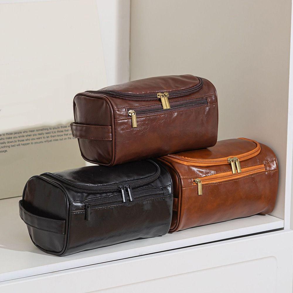 Multifunktionale PU-Leder Herren Kulturtasche mit Reißverschluss Vintage Luxus Kosmetiktasche Große Kapazität Wasserdichte Make-up-Taschen Business