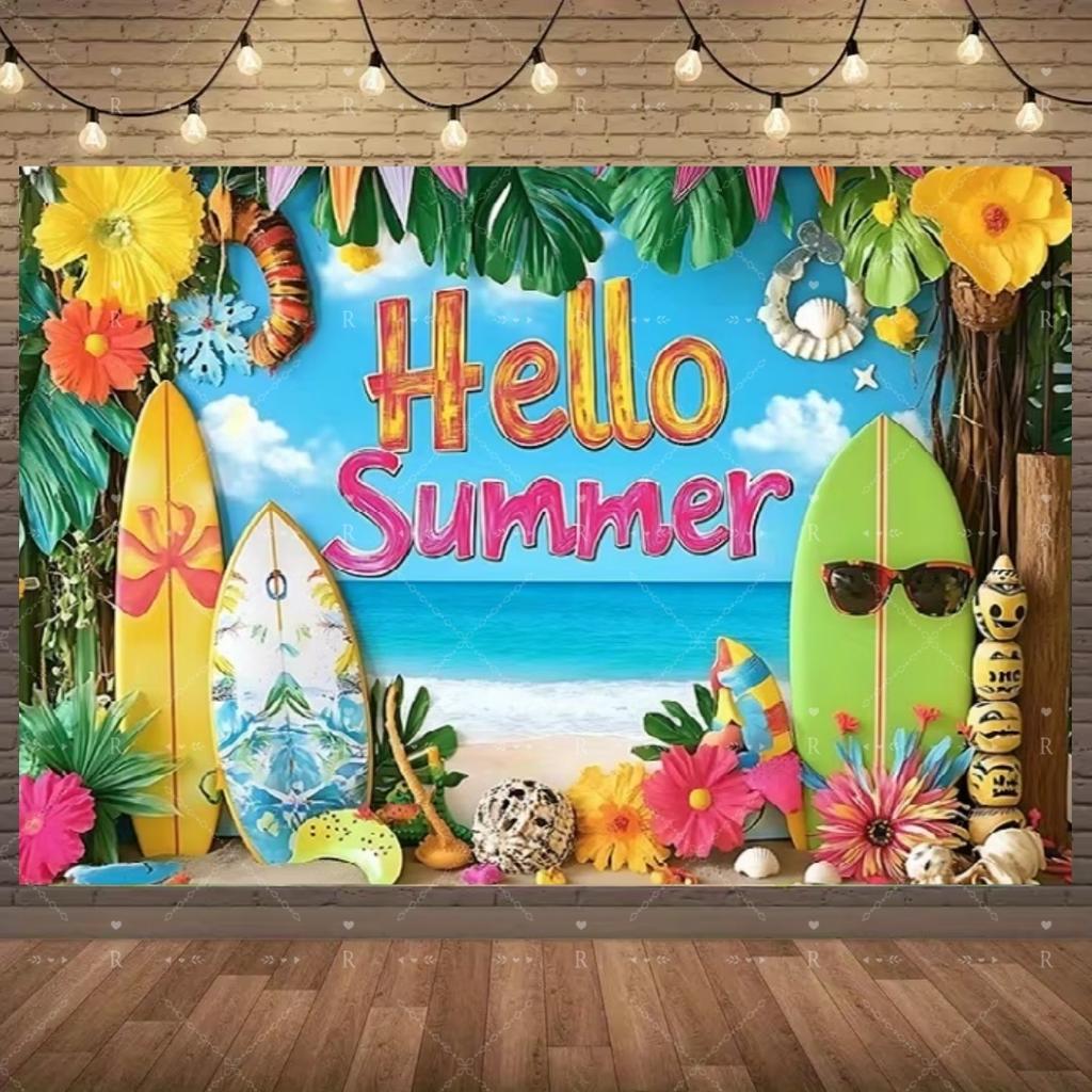 Summer Beach Holiday Party Decoration Backdrop Sunshine Flamingo Ocean Surfboard Portrait Photography Background Props Banner