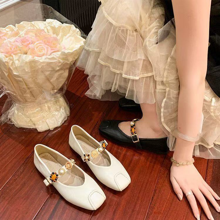 Single shoes women's summer new niche soft leather one-pedal square heel Mary Jane women's shoes