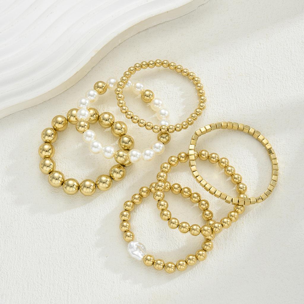 6Pcs/Set Fashion Gold Color CCB Bead Bracelets Vintage Imitate Geometric Bracelet For Women Daily Wear Jewelry