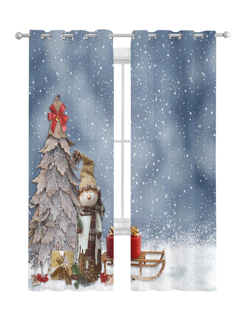 Winter Themed Snowman Christmas Tree Tulle Curtains Living Room Bedroom Kitchen Decoration Chiffon Sheer Voile Window Curtains