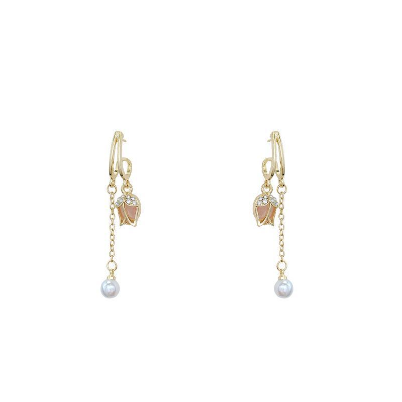 S925 Silver Pink Tulip Tassel Earrings - Fresh, Luxurious, High-End Flower Design