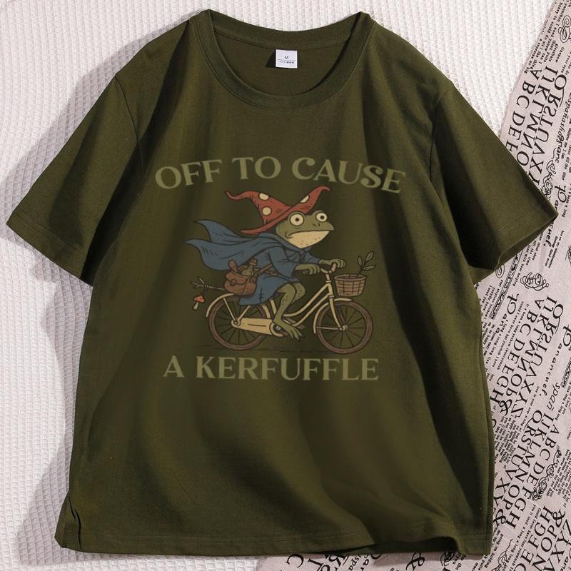 Off To Cause A Kerfuffle Frog Tshirt Men Women Causal Cotton Short Sleeve Funny Weirdcore Sayings Unique Tshirt Tee Clothes