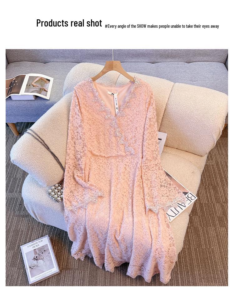 Plus Size Women's French Lace Dress, Long Sleeve, Waist-Cinched, Elegant and Slimming, Fits 130-300 Jin