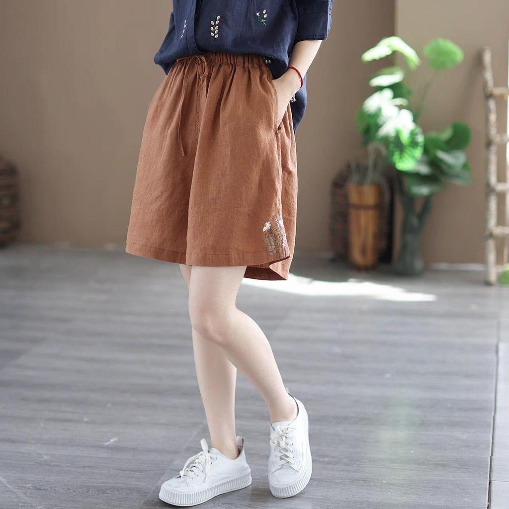 Women's High Waist Embroidered Shorts Breathable Literary Retro Cotton Linen Casual Pants