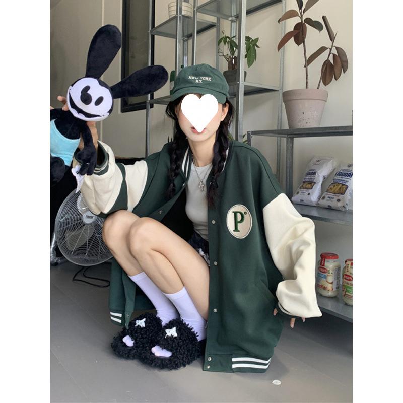 Contrast Color Baseball Uniform for Women Autumn New Retro Loose Mid-length Letter Style Long-sleeved Jacket