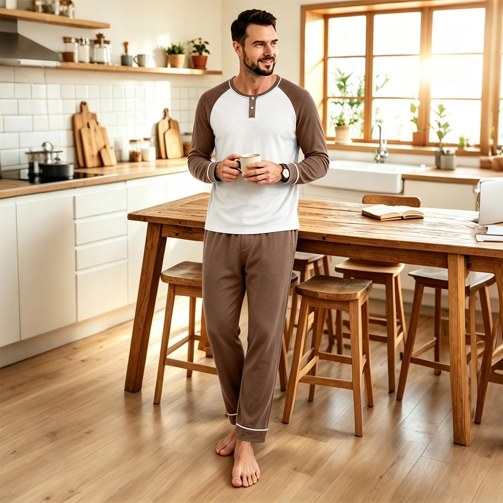 Men's Casual Loose Fit Raglan Sleeve Pajama Set for Sleep and