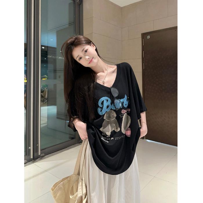 2025 Summer New Women's Influencer V-neck Loose Cartoon Print Short Sleeve T-shirt