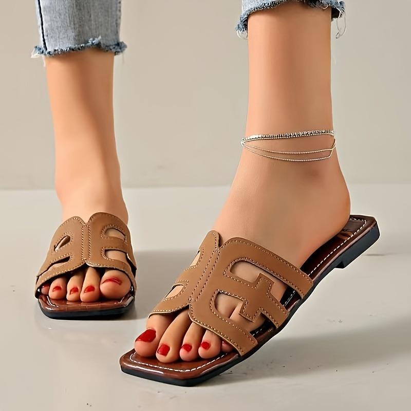 Women's Hollow Out Flat Slides, Retro Square Open Toe Summer Shoes, Casual Outdoor Beach Slides