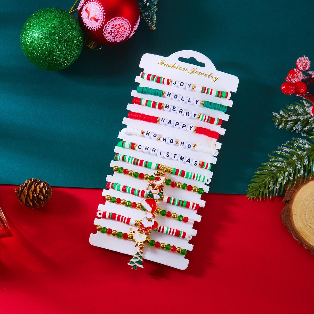 12pcs Christmas Bracelet Set Colorful Soft Clay Crystal Beads Santa Claus Tree Pendant Bangle Party Jewelry Xmas Gifts for Girls