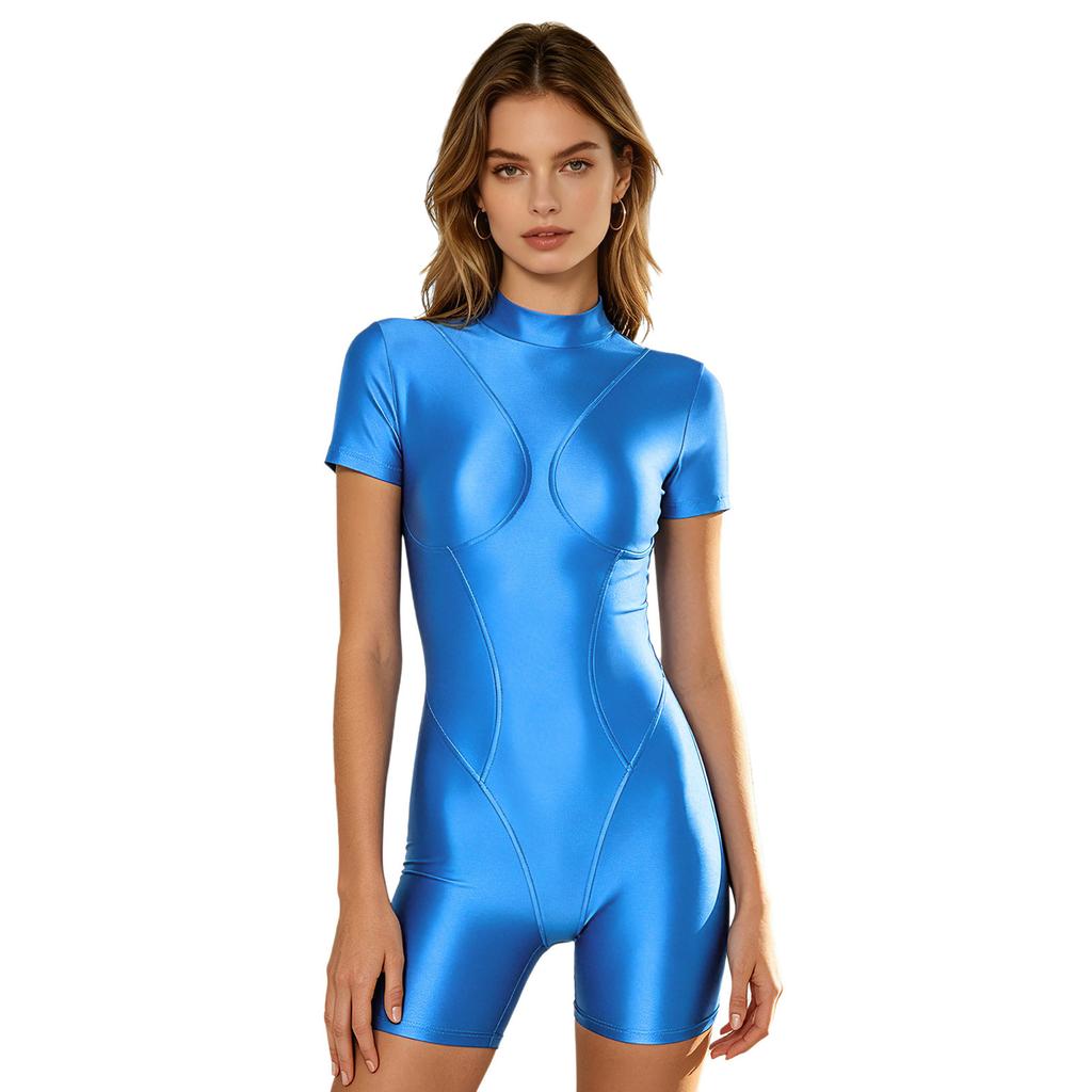 Costume da bagno da donna lucido e oleoso, collo alto, manica corta, schiena scoperta, vestibilità aderente, intero, costume da surf