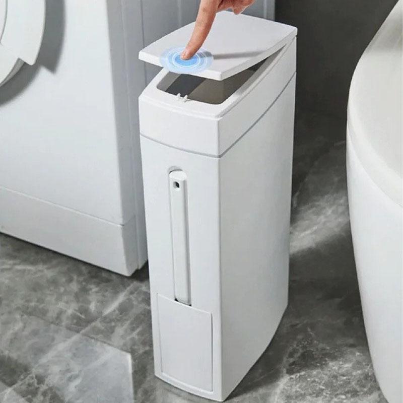 Ultra thin trash can suitable for narrow spaces, equipped with cleaning supplies, lid, and toilet brush - perfect for bathrooms