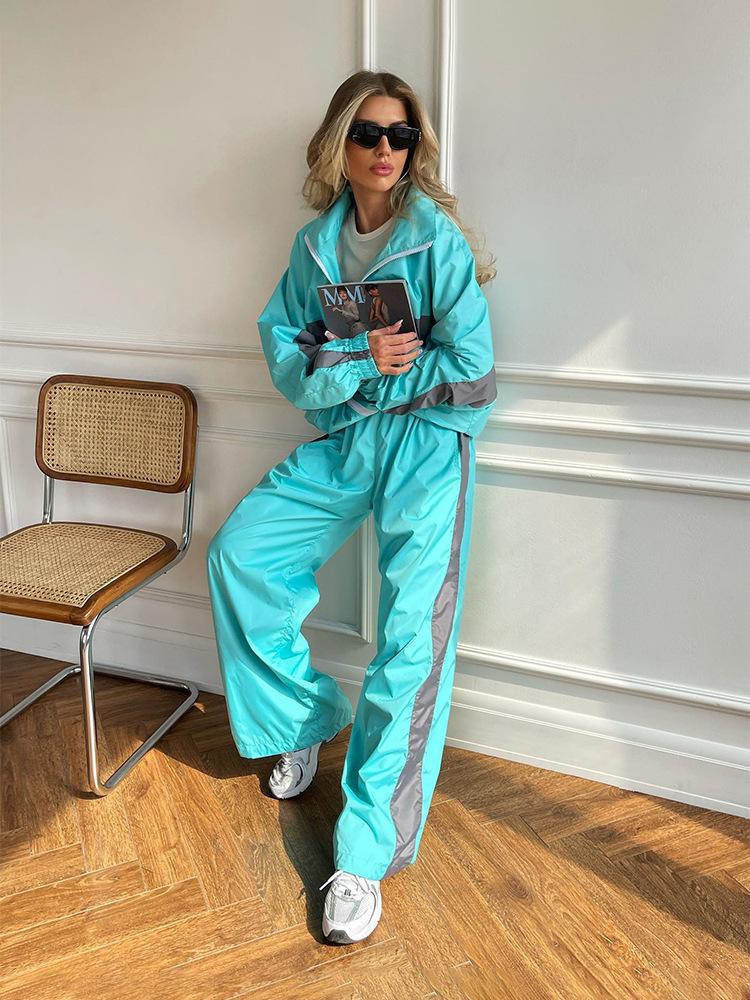 Women's Sporty Zip Up Track Jacket and Wide Leg Pants Set In Pink with Side Stripes