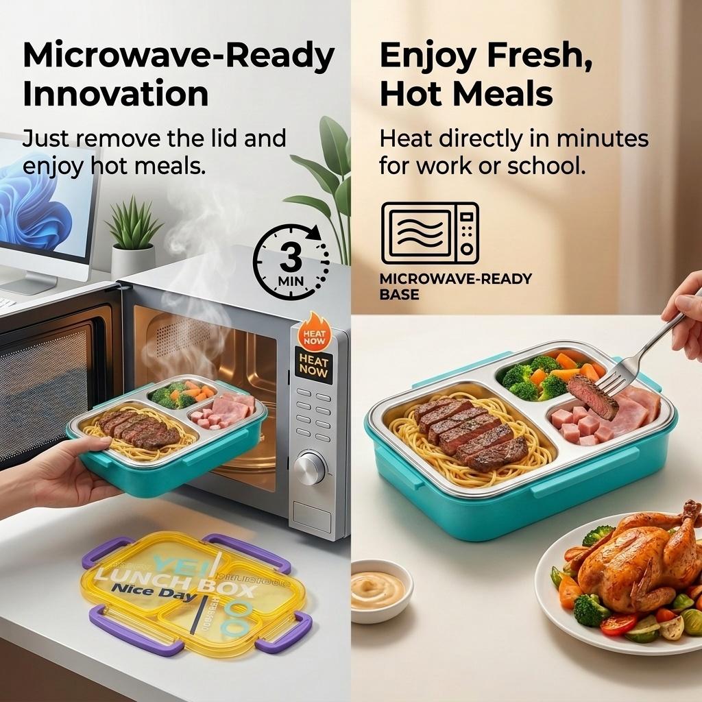 Microwavable 304 Stainless Steel Bento Box 2/3 Compartment Lunch Box Leakproof Food Storage Container With Lid For Kids School