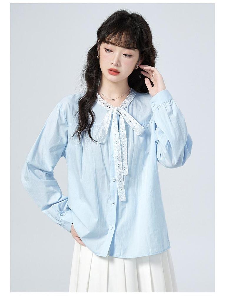2026 Spring Lace Tie Loose Collar Long Sleeve Women's Shirt