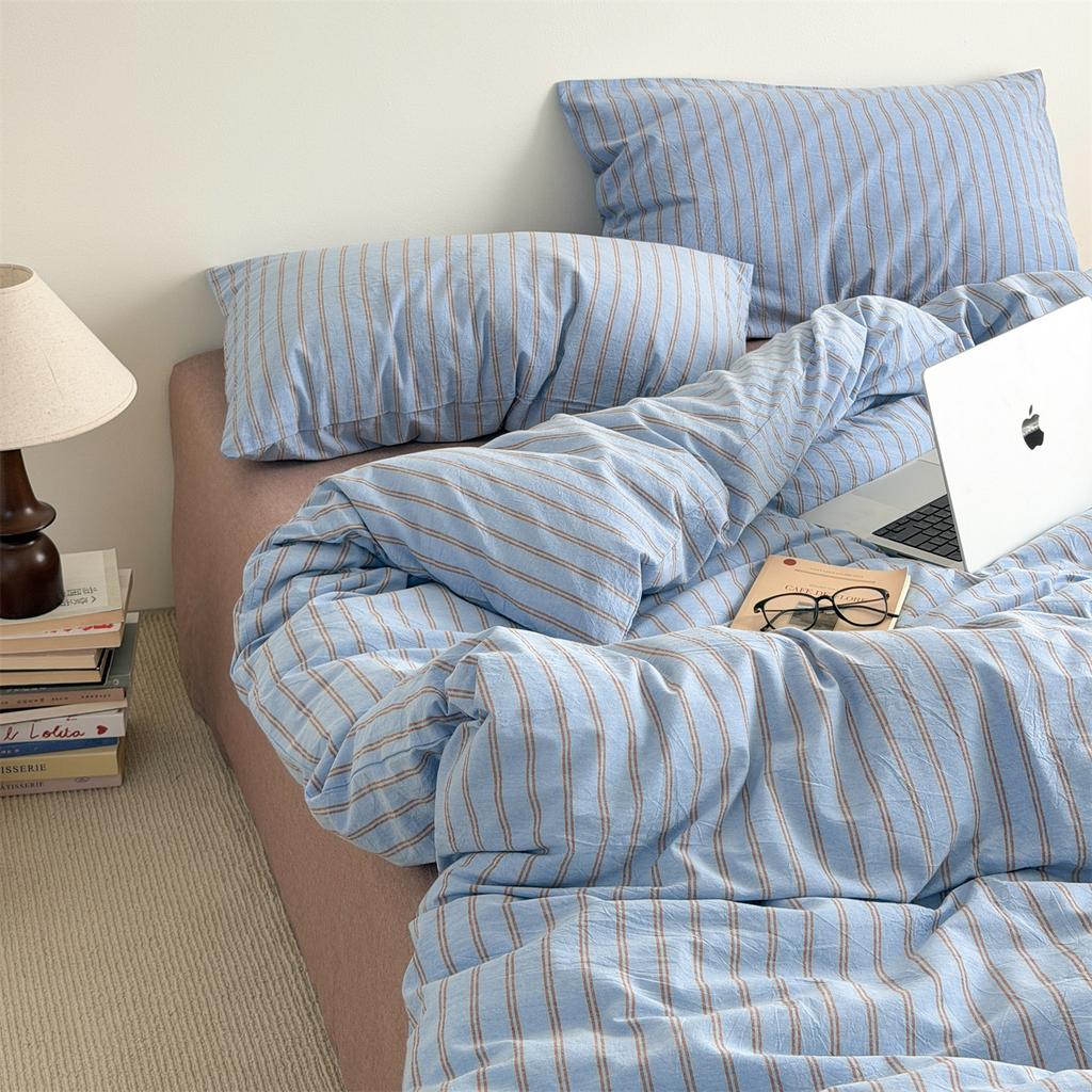 Retro Striped Four-piece Set, Cotton Pure Cotton 100 Washed Cotton Bed Sheet Quilt Cover, Male Student Dormitory Bed Three-piece Set 1
