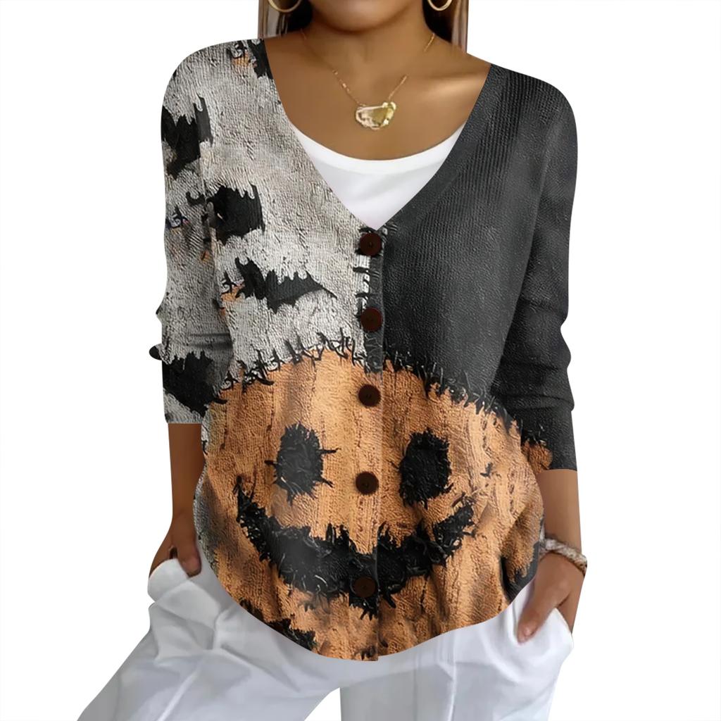 Women's Fashion Casual Knit Sweater Button-Up Halloween Printed  Cardigan Jacket
