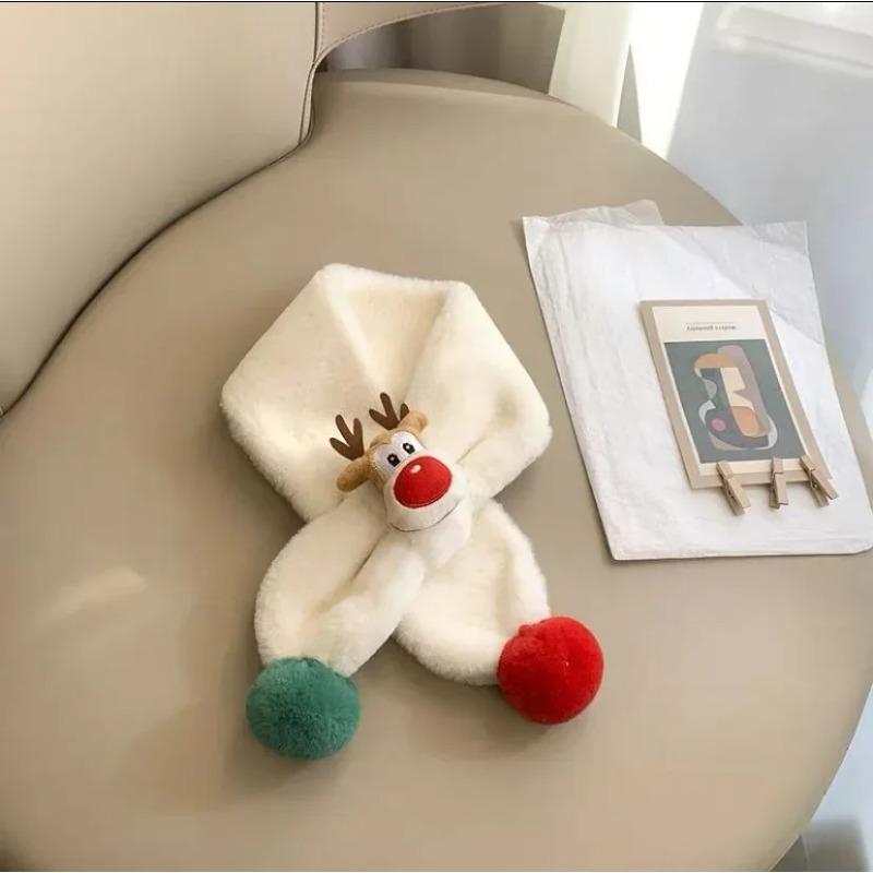 Plush Animal Scarf with Cute Deer Design Soft Warm Winter Accessory with Fur Ball for Children Outdoor Use Christmas Gift
