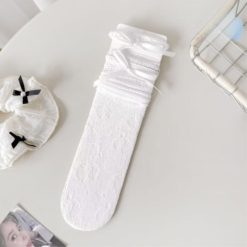 Lolita Socks for Women's Spring and Summer, Bow Lace Lace, Solid Color Pile Socks, Breathable Mid-calf Socks
