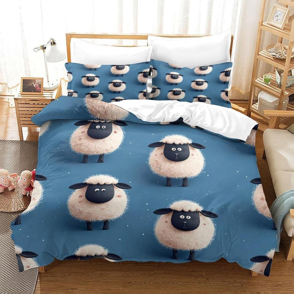3D Print Soft Microfibre Cute Sheep Family Comforter Cover All Season Bedding Set With Pillowcases, Cartoon Duvet Cover Sets