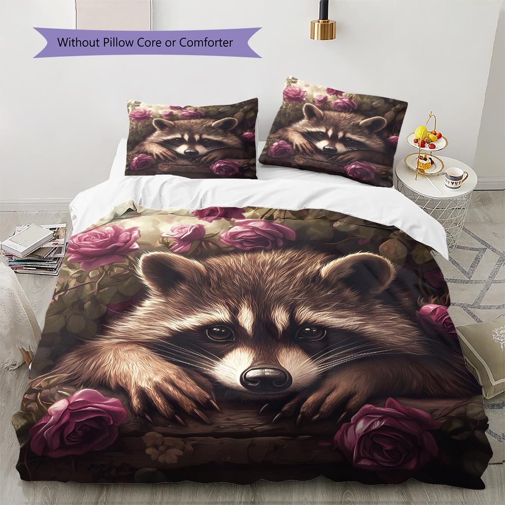 Raccoon and Fresh Flowers Pattern Bedding Home Decoration Birthday Gift (1 * Duvet Cover + 2 * Pillowcase, Without Core)