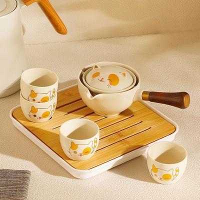 5/7pcs 360° Rotating Lucky Cat Teapot Set Ceramic with Bag and Tea Tray Kung Fu Tea Pot Set Japanese Style Bubble Tea Set Office
