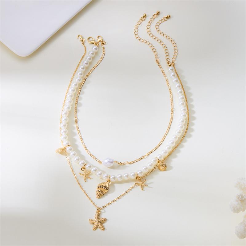 Boho Shell Starfish Shape Pendant Necklace for Women Elegant Imitation Pearl Layered Chain Necklace Trendy Summer Beach Jewelry