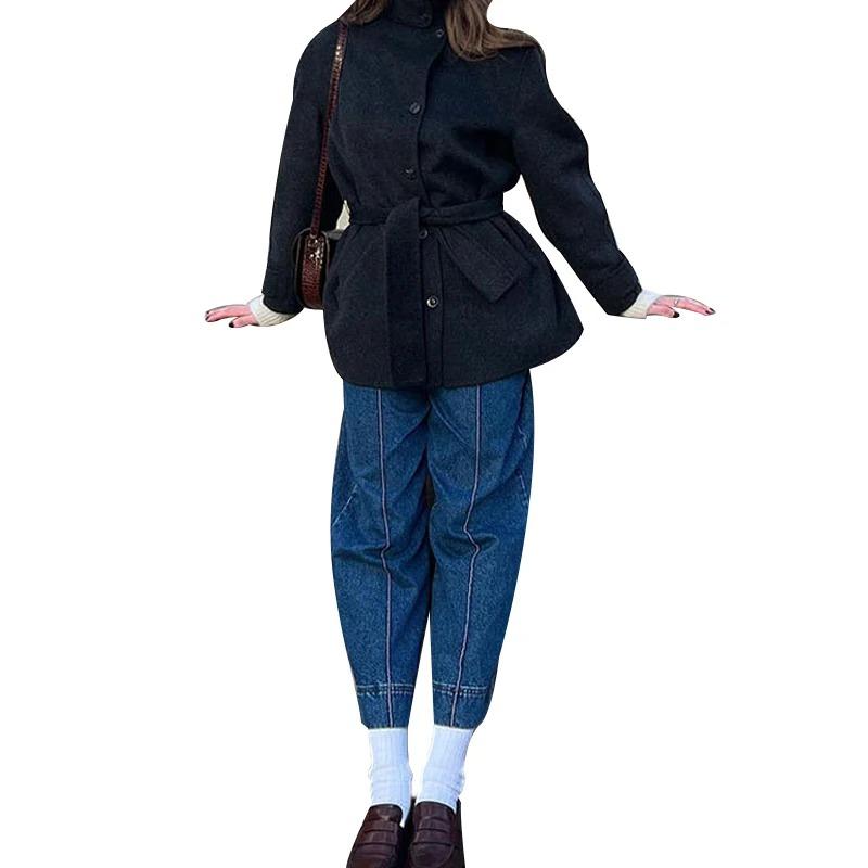 Cappotto Invernale Caldo da Donna Vintage con Lacci in Lana Moda Monopetto Tinta Unita Soprabito Retro Giacche con Collo Alto