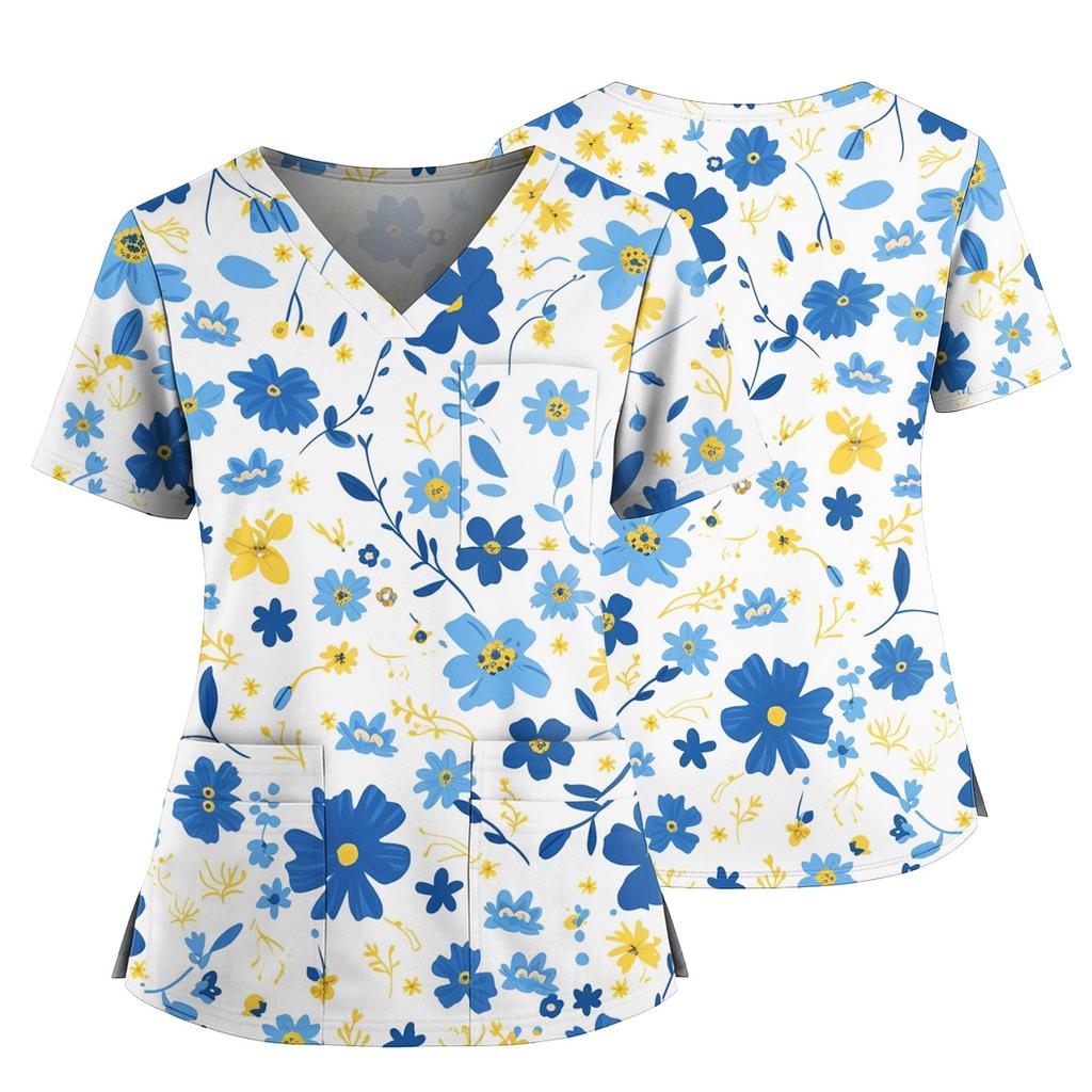 Damen Casual Bedrucktes V-Ausschnitt Taschen Seitennaht Schlitz Kurzarm Top