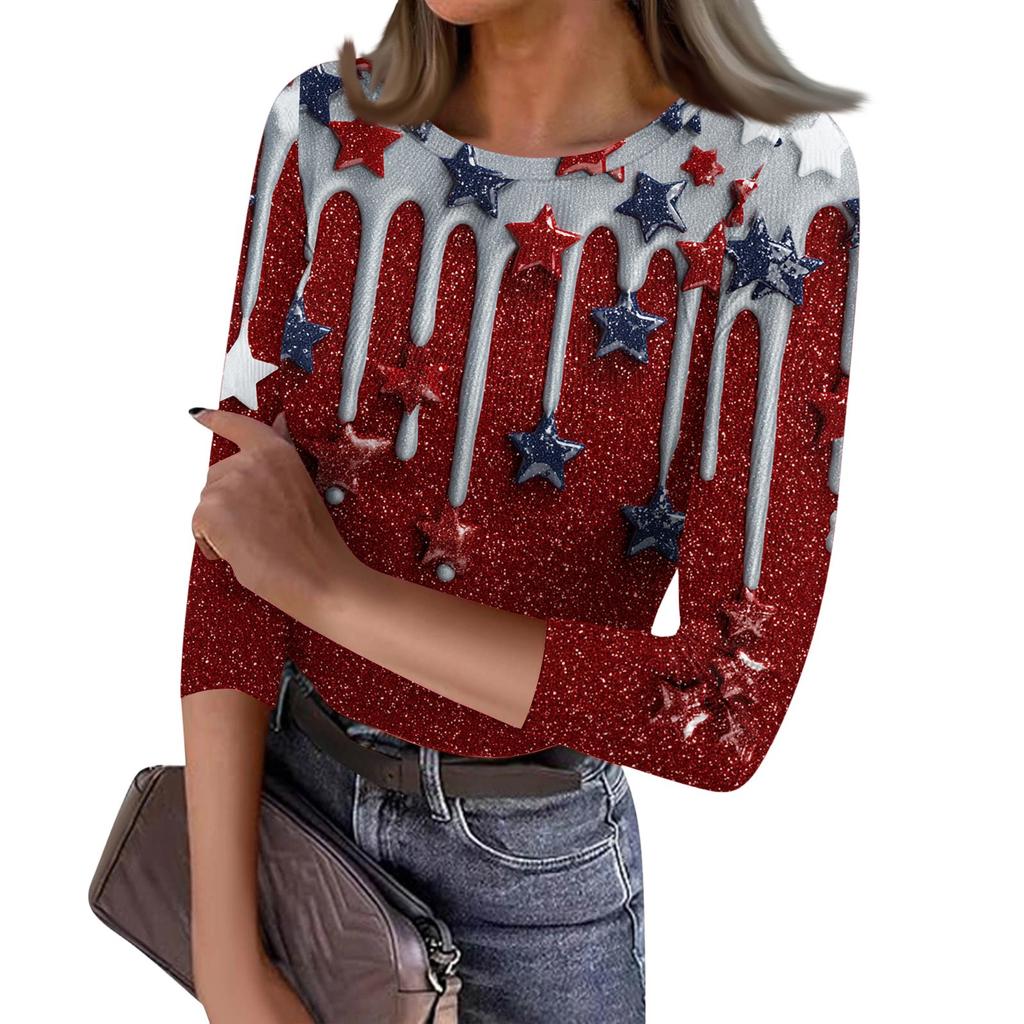 Women's Casual Fashion Round Neck Independence Day Print Three-Quarter Sleeve Ribbed Top