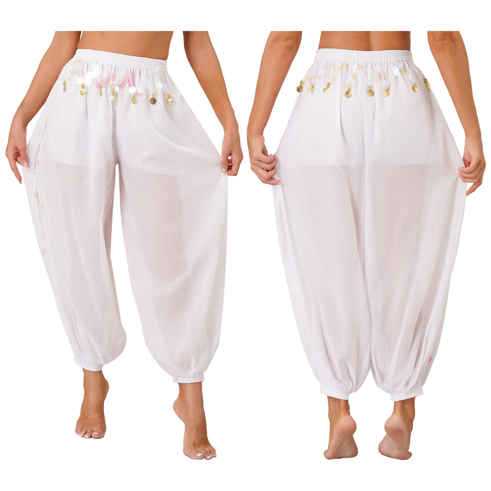 

Женский костюм для танца живота, брюки-фонарики, блестящие шаровары с разрезом по бокам, арабские брюки для Хэллоуина One Size белый