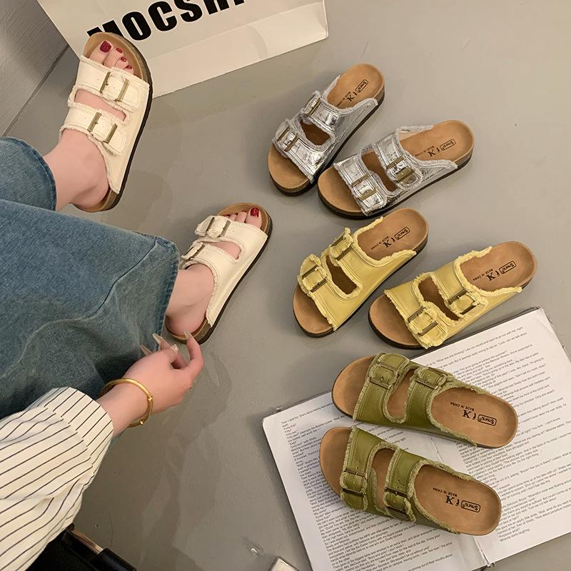 Cowhide Version Thick-soled One-word Boken Slippers for Women To Wear 2025 Summer New Models, Seaside Beach Lazy Cool Slippers