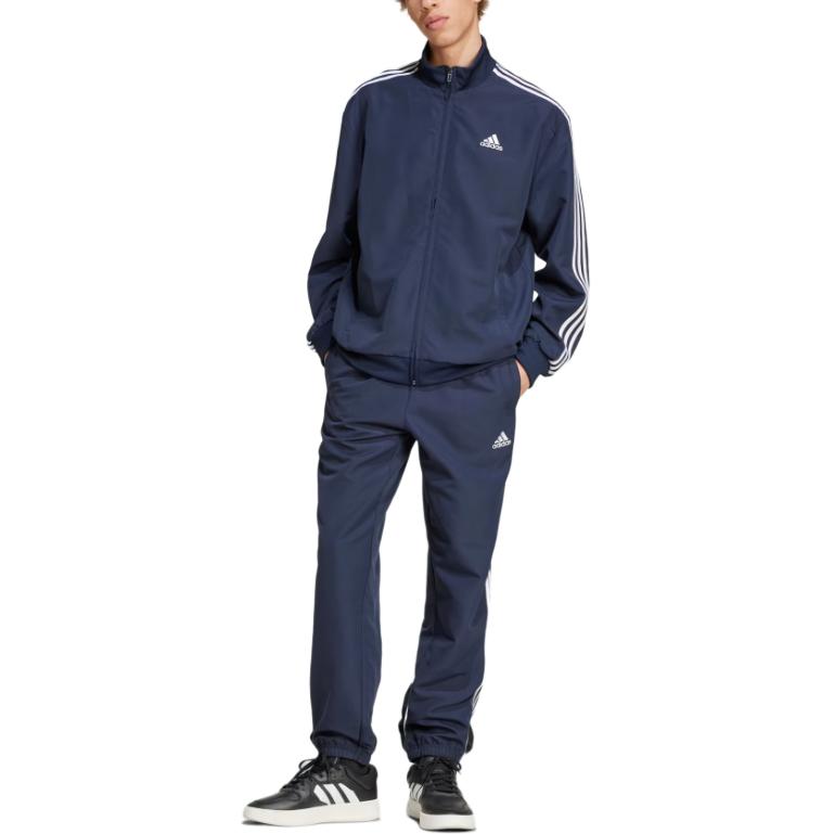 adidas Costum sport casual cu dungi, guler înalt, fermoar, mânecă lungă, talie elastică, manșete, costume bărbați, Albastru-Marin IY6656
