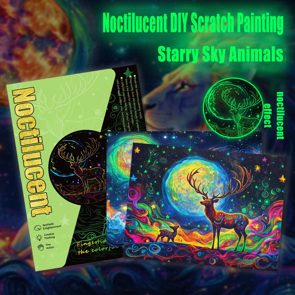 4 Pcs/Set A4 Noctilucent Diy Scratch Painting Colorful Starry Sky Animals Lion Elk Manual Scratch Painting Drawing Artistic Work