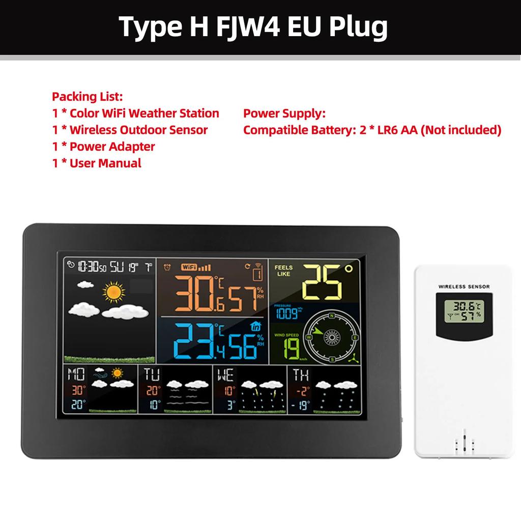 FJW4 Color WiFi Weather Station APP Control Smart Weather Monitor Indoor Outdoor Temperature Humidity Digital Clock Functions