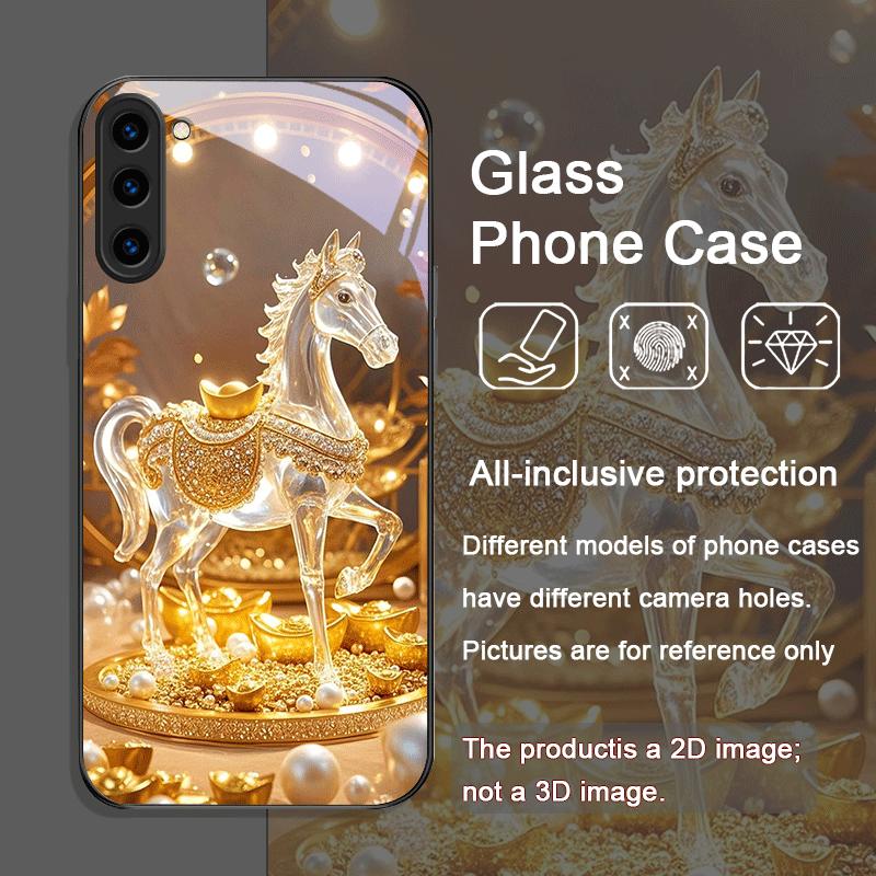 Luxury Crystal Golden Horse Pattern Tempered Glass Phone Case for Samsung Galaxy S25 Ultra S24 S23 Plus S22 S21 S20 FE M55 Cover