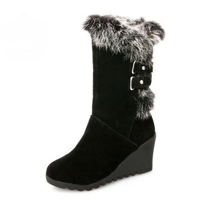 2025 Wedge Heels Cotton Boots Fashion 6cm High Heels Women Mid-calf Boots Winter Thick Plush Warm Short Boots  Lady Long Boots