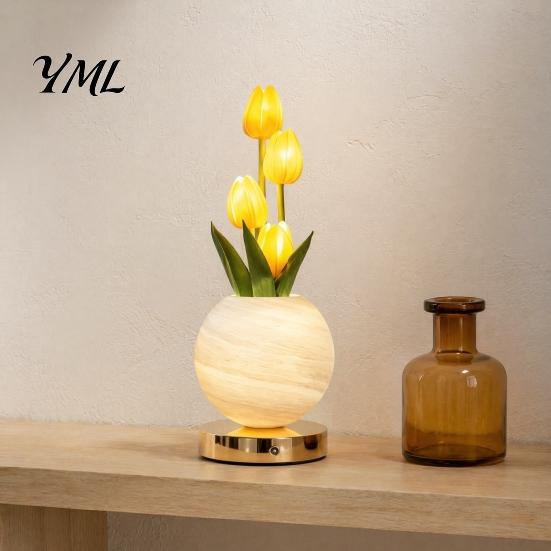 Modern Bedroom Lighting Tulip Ceramic Night Light, Gradient Color Artificial Flower Table Lamp, Rechargeable Eye Caring Reading Light Touch