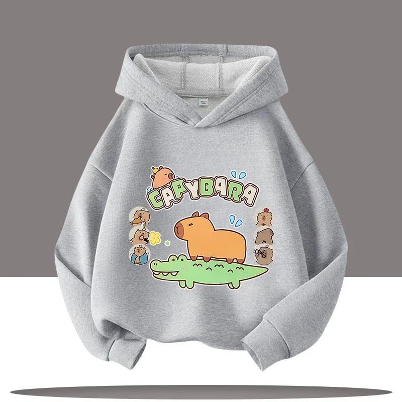 Jesienno-zimowa ciepła bluza z kapturem dla dzieci, pulower z kapibarą, bluza dla chłopców i dziewcząt, casualowy top dziecięcy z kreskówką