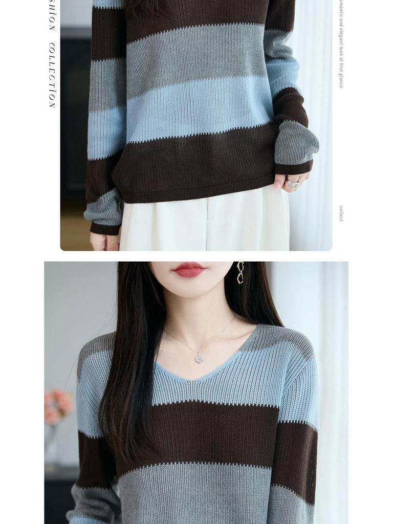 Women's Autumn V-Neck Color Block Striped Sweater - Soft, Loose, and Versatile